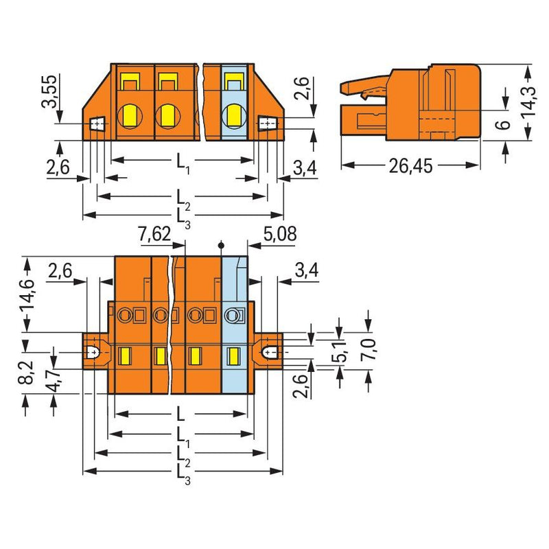 WAGO - Kabelsteckverbinder für Leiterplattensteckverbinder 1-Leiter-Federleiste 231-703/031-000 CAGECLAMP,2,5mm²,or − 50 Stück