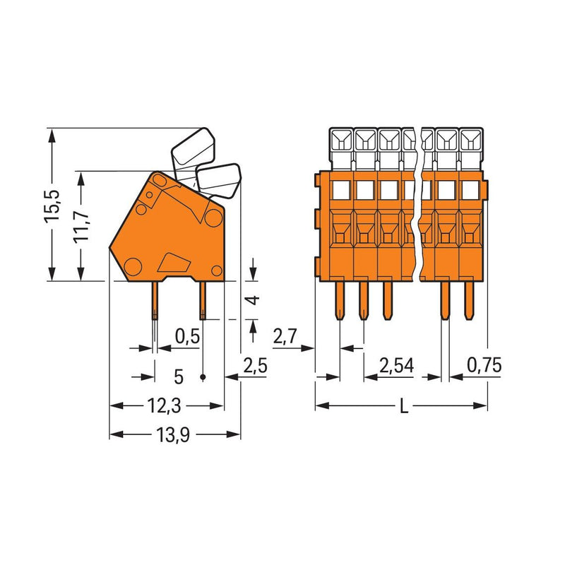 WAGO - Leiterplattenklemme 233-512 Drücker,0,5mm²,or − 35 Stück