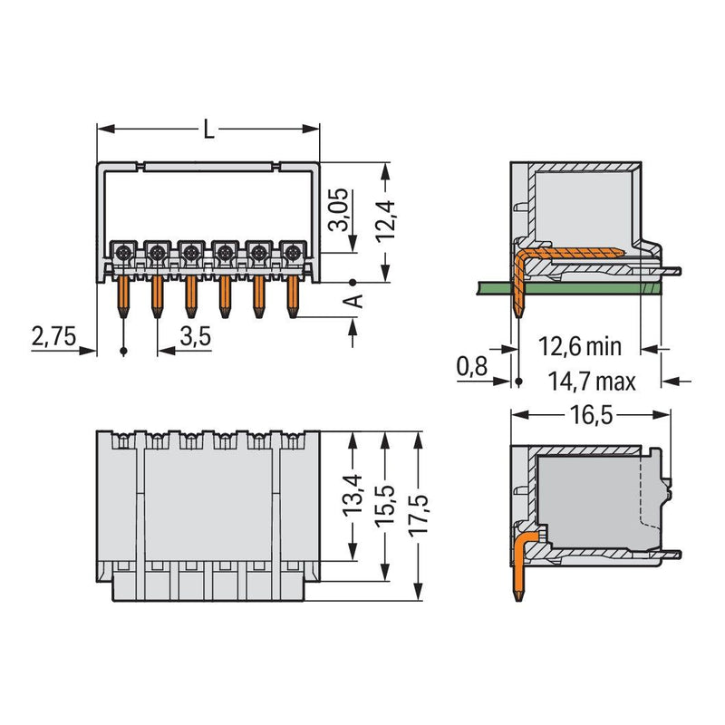 WAGO - Leiterplattensteckverbinder THT-Stiftleiste Lötstift 2091-1426 1,0mm,abgew.,llgr − 100 Stück
