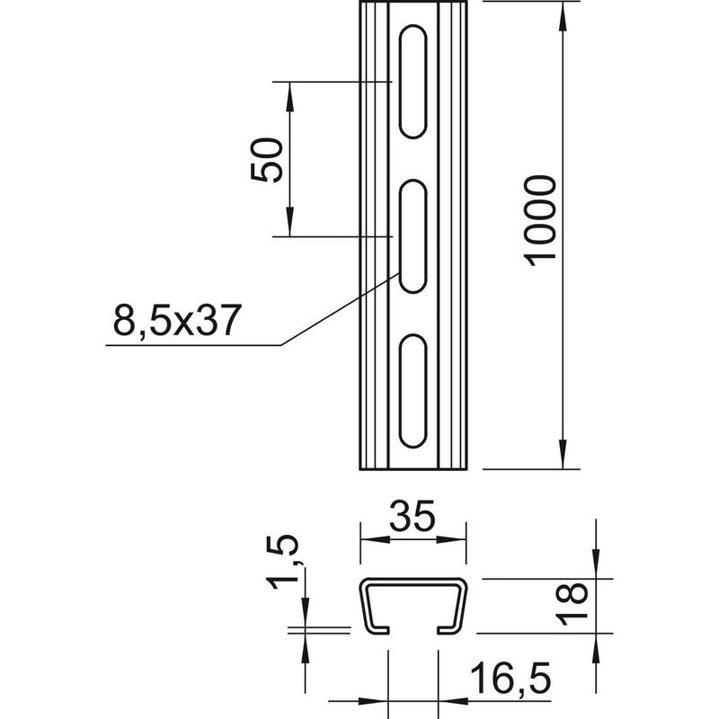 OBO Bettermann Vertr - Stiel/Profilschiene Profilschiene AML3518P1000FS gelocht, SW 16,5mm
