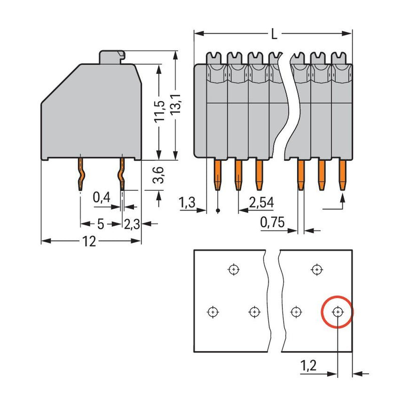 WAGO - Leiterplattenklemme 250-1405 Drücker,0,5mm²,grau − 85 Stück
