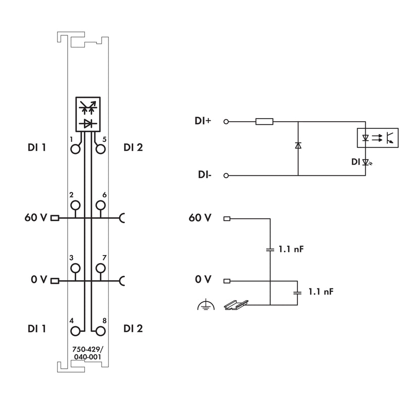 WAGO - Feldbus, Dez. Peripherie - Digitales Ein-/Ausgangs-Modul 2-Kanal-Digitaleingang 750-429/040-001 DC 60 V,3 ms,dgr