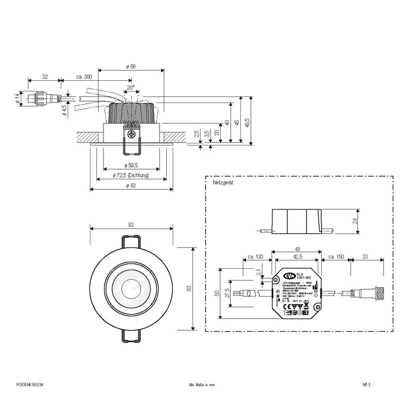 EVN Lichttechnik - Downlight/Strahler/Flutlicht LED-Einbauleuchte IP65 PC650N616D2W D2W anthr