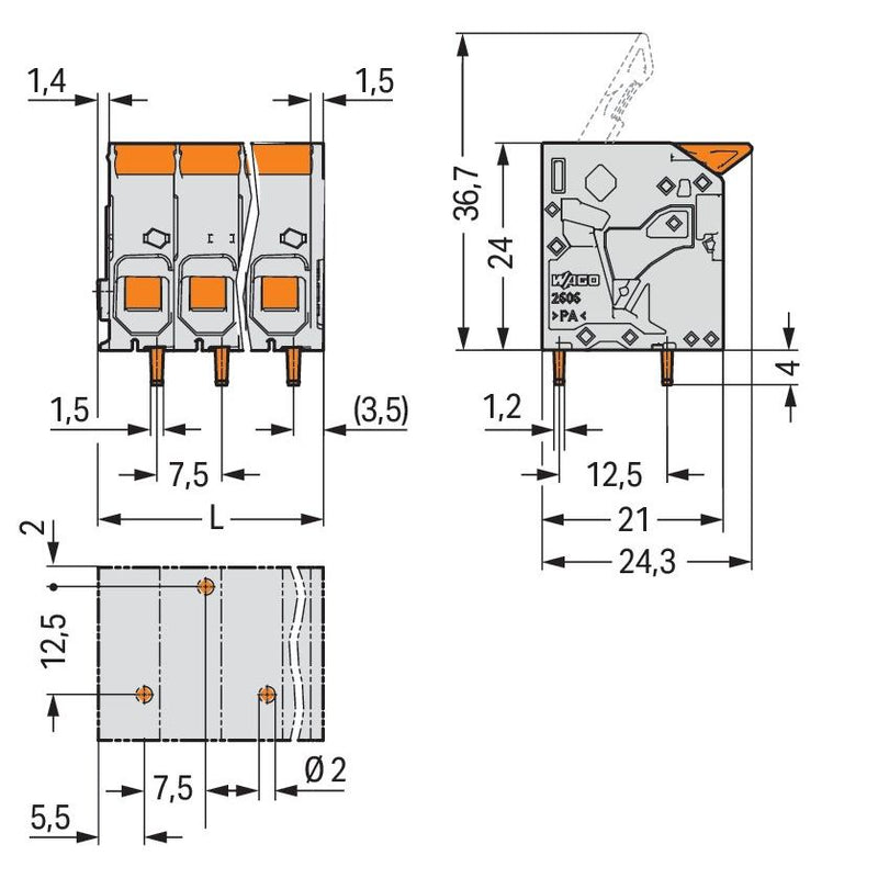 WAGO - Leiterplattenklemme Hebel 2606-1105/010-000 6mm²,grau − 50 Stück