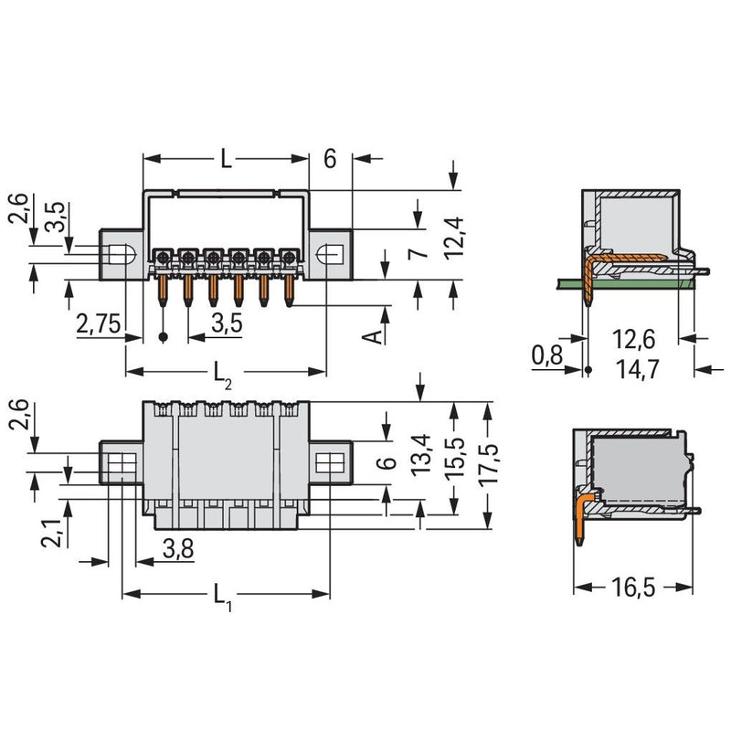 WAGO - Leiterplattensteckverbinder THT-Stiftleiste Lötstift 2091-1425/005-000 1,0mm,abgew.,llgr − 200 Stück
