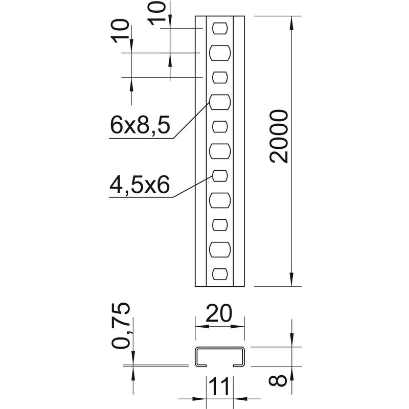 OBO Bettermann - Stiel/Profilschiene Profilschiene CL2008BP2000BK blank,abbrechbar − 2 Meter