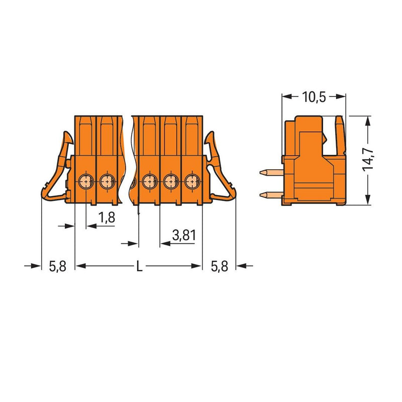 WAGO - Leiterplattensteckverbinder THT-Federleiste abgewink. 734-563/037-000 Maß 3,81mm,orange − 100 Stück