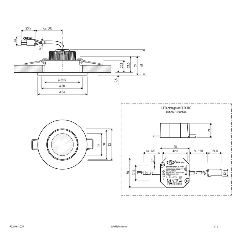 EVN Lichttechnik - Downlight/Strahler/Flutlicht P-LED Deckeneinbauleuchte PC20N614D2W 230V 3000K-2000K
