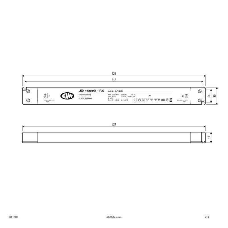 EVN Lichttechnik - LED-Betriebsgerät Netzgerät SLF12100 12V/DC-0,1-100W IP20