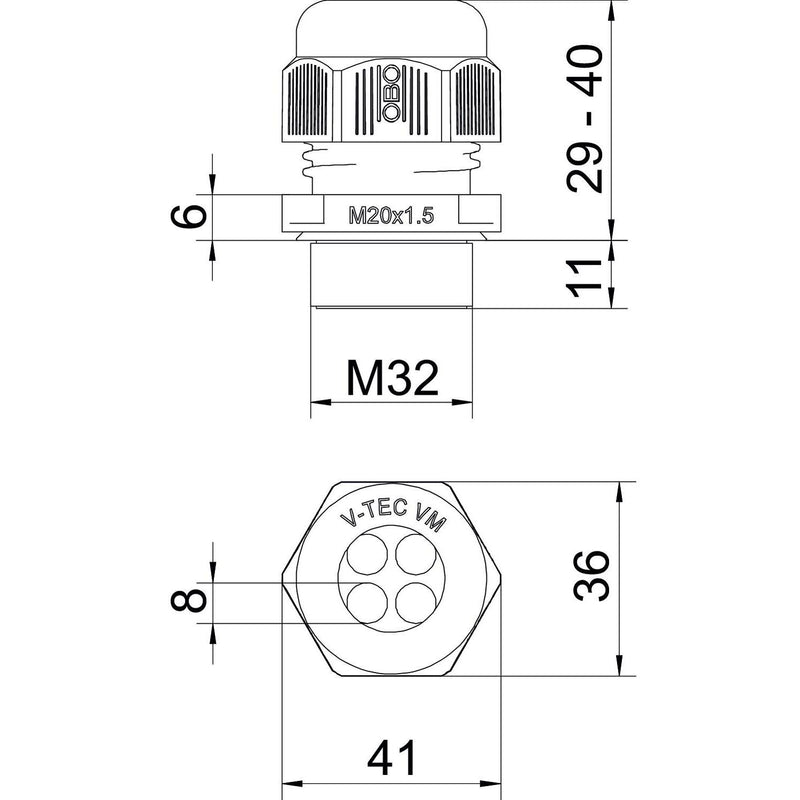 OBO Bettermann - Kabelverschraubung V-TEC VM32 4x8 M32, PA, lichtgrau − 20 Stück