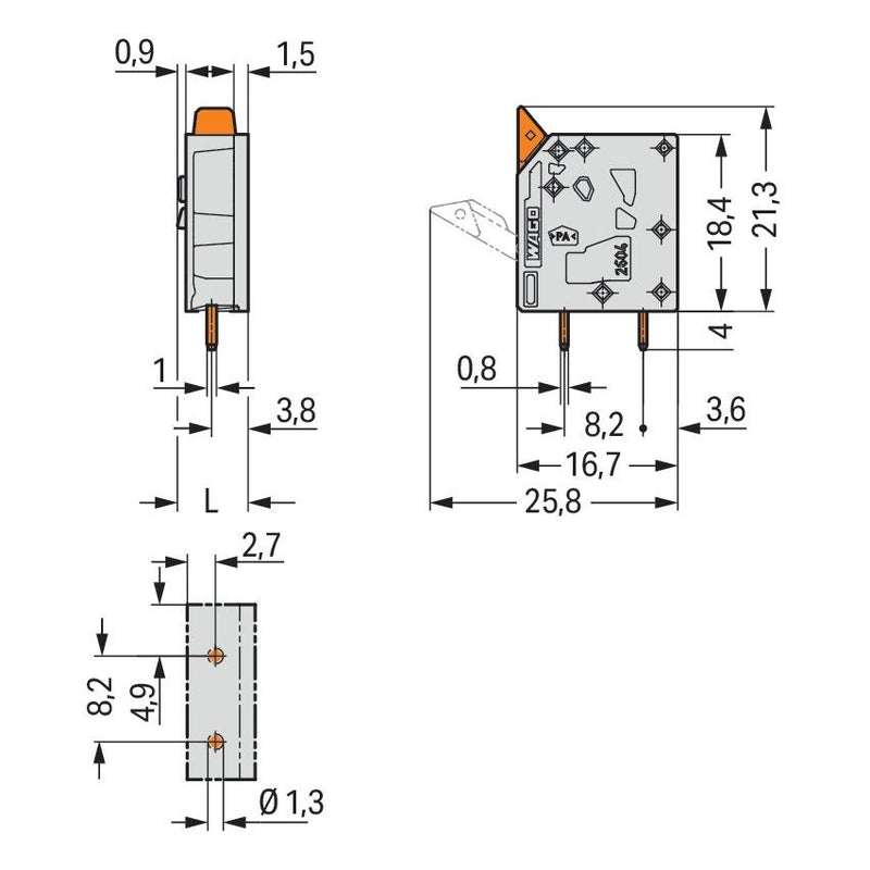 WAGO - Leiterplattenklemme Hebel 2604-3101 4mm²,grau − 250 Stück