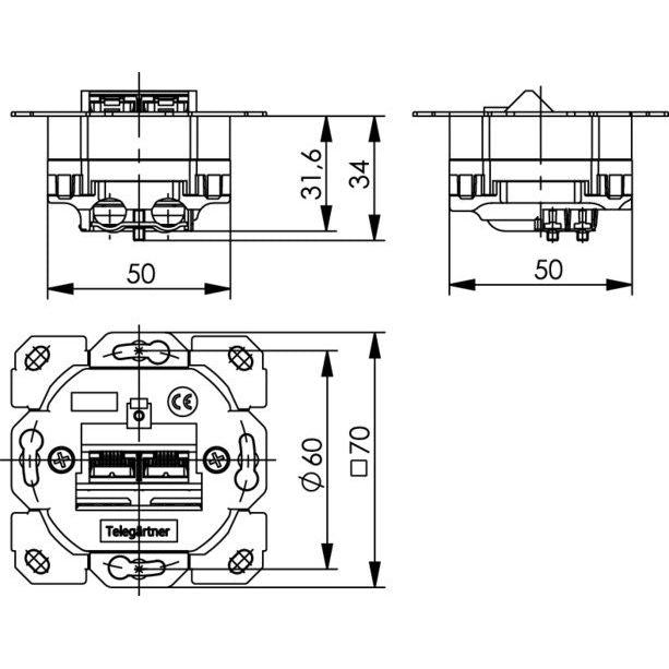 Telegärtner - Kommunikationsanschlussdose Kupfer AMJ45 8/8 Up/0 100022956 Cat.6A ohne Z-Pl