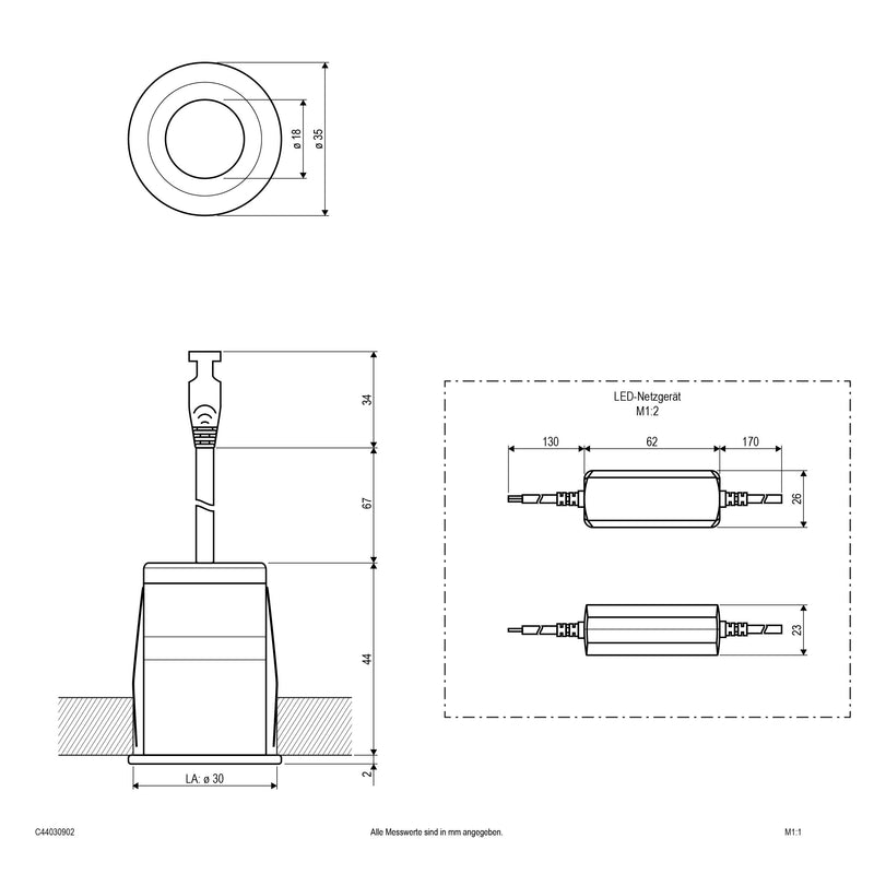 EVN Lichttechnik - Downlight/Strahler/Flutlicht LED Downlight mit Netzteil C44030902 dimmbar, IP44