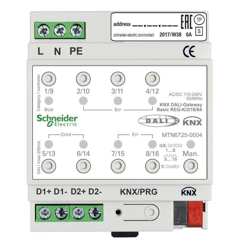 Schneider Electric - Bussystem-Systemschnittstelle/Medien-Gateway KNX DALI-Gateway Basic MTN6725-0004 REG-K/2/16/64 2Kanal