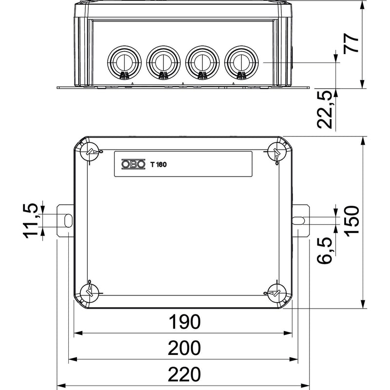 OBO Bettermann - Dose, Gehäuse für Montage auf der Wand/Decke Kabelabzweigkasten T160ED 10A für Funktionserhalt − 1 Stück