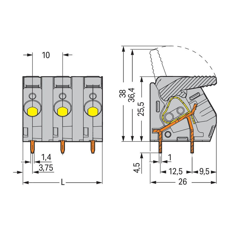 WAGO - Leiterplattenklemme Hebel 2706-209 6mm²,grau − 10 Stück