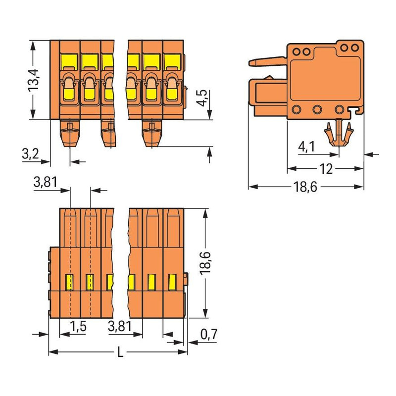 WAGO - Kabelsteckverbinder für Leiterplattensteckverbinder 1-Leiter-Federleiste 734-215/008-000 CAGECLAMP,1,5 mm²,or − 25 Stück
