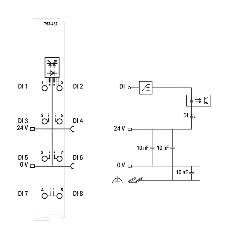 WAGO - Feldbus, Dez. Peripherie - Digitales Ein-/Ausgangs-Modul 8-Kanal-Digitaleingang 753-437 DC 24 V,0,2 ms