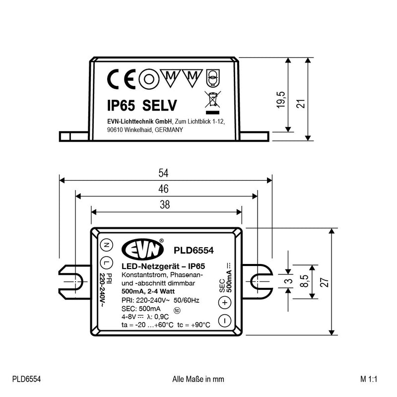 EVN Lichttechnik - LED-Betriebsgerät LED-Netzgerät PLD6554 500mA