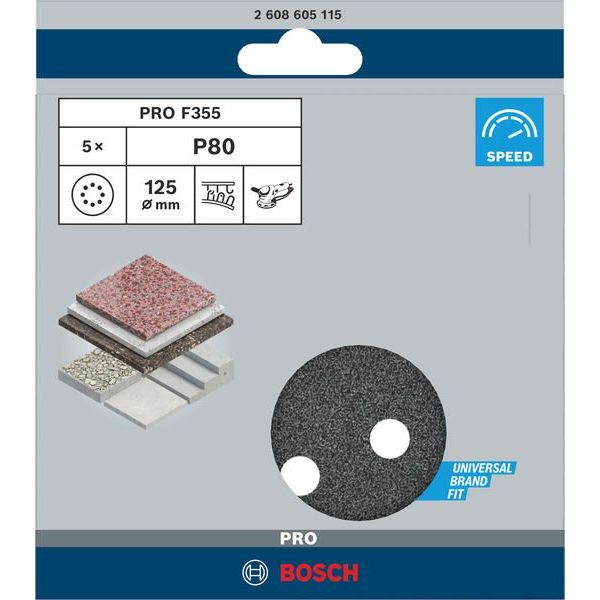 Bosch - Schleifpapier/Schleifvlies PRO F355 Schleifblatt, 125 2608605115 mm, 80, 5-tlg