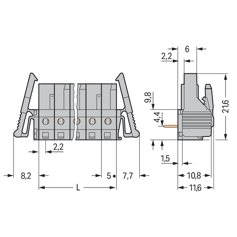 WAGO - Leiterplattensteckverbinder THT-Federleiste abgewink. 232-253/039-000 Rastermaß 5mm,grau − 10 Stück