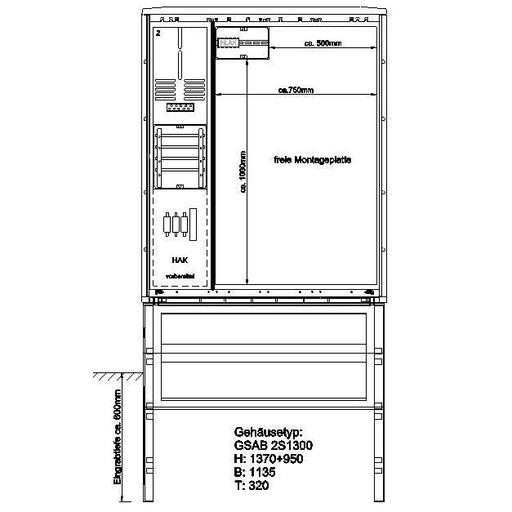 GSAB Elektrotechnik - Zähler-Komplettschrank Zähleranschlußsäule 08.00.1P11Gr.2 VNB-Teil m. 1/3-Tür