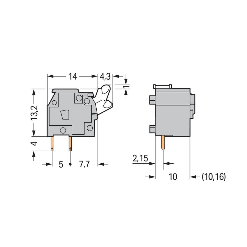 WAGO - Leiterplattenklemme Anreihbare Leiterplattenk. 255-761 Drücker,2,5mm²,ge − 100 Stück