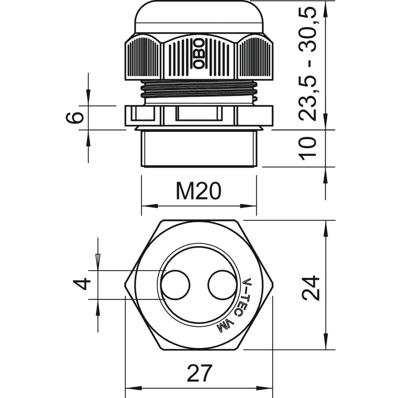 OBO Bettermann - Kabelverschraubung V-TEC VM20 2x4 M20, PA, lichtgrau − 50 Stück