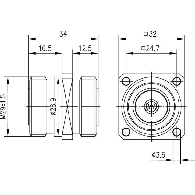 Telegärtner - Koax-Kupplung 7-16-Kupplung (F-F) 100024549 50Ohm m.Flansch SW32