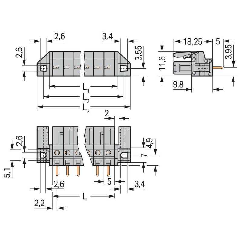 WAGO - Leiterplattensteckverbinder THT-Federleiste gerade 232-150/047-000 Rastermaß 5mm,grau − 10 Stück