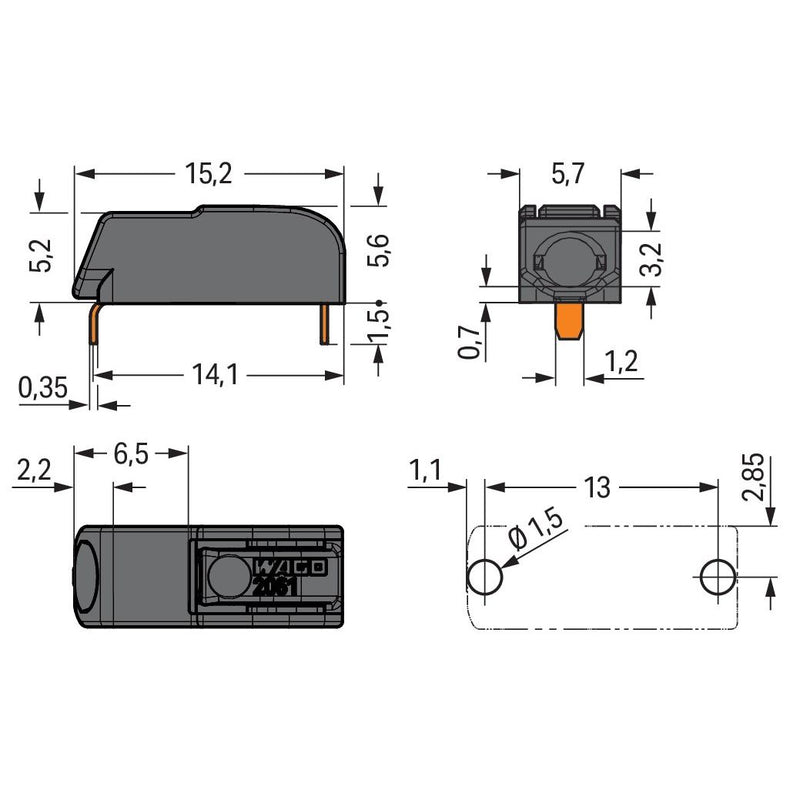 WAGO - Ein- und mehrpolige Klemmenleiste THR-Leiterplattenklemme 2061-1661/998-404 Drücker,1,5mm²,sw − 5760 Stück
