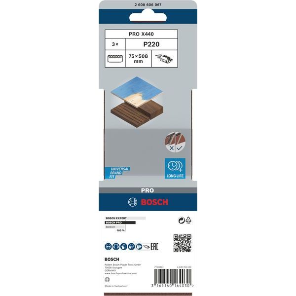 Bosch - Schleifpapier/Schleifvlies PRO X440 Schleifband, 75 x 2608606067 508 mm, G220, 3-tlg