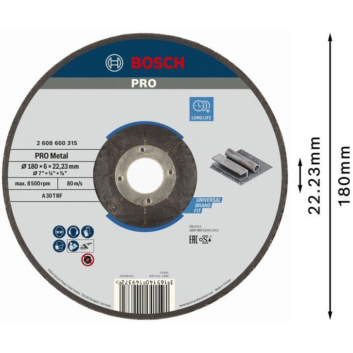 Bosch - Trenn-/Schleifscheibe PRO Metal Schleifscheibe, 2608600315 180 x 6 x 22.23 mm