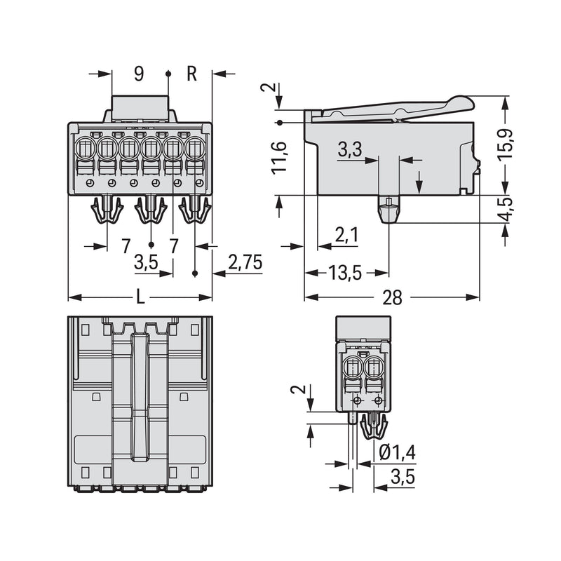 WAGO - Ein- und mehrpolige Klemmenleiste 1-Leiter-Stiftleiste 2091-1532/020-000 CAGECLAMP,1,5mm²,lgr − 50 Stück