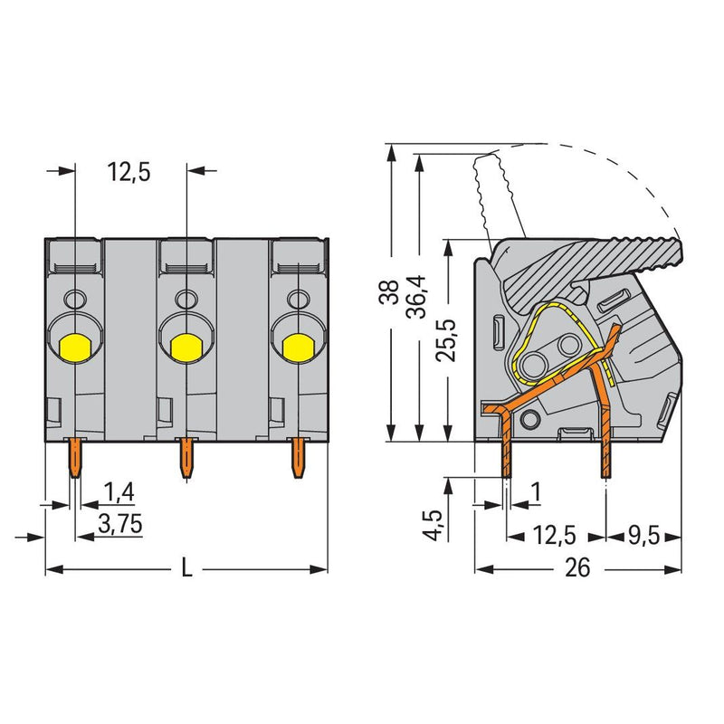WAGO - Leiterplattenklemme Hebel 2706-302 6mm²,grau − 65 Stück