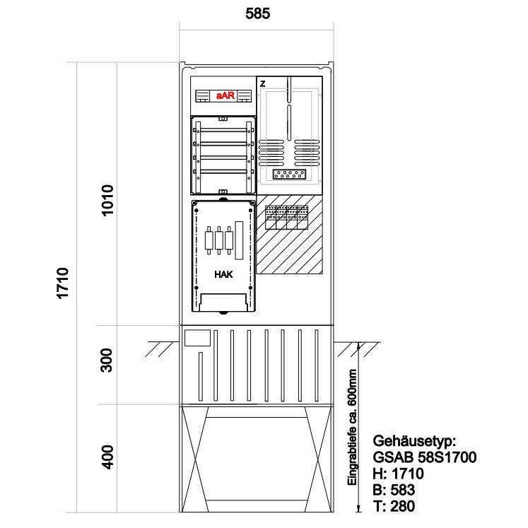 GSAB Elektrotechnik - Zähler-Komplettschrank Zähleranschlusssäule 25.00.1P11b-Kl95 TAB EnBW, 1ZP