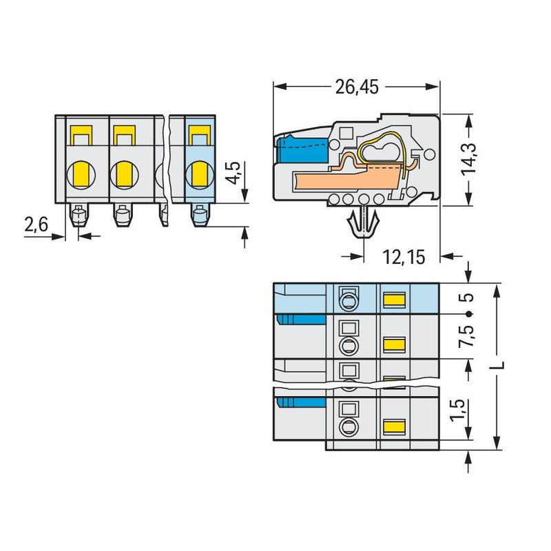 WAGO - Kabelsteckverbinder für Leiterplattensteckverbinder 1-Leiter-Federleiste 721-205/008-000/037- CAGECLAMP 2,5mm²,lgr − 50 Stück