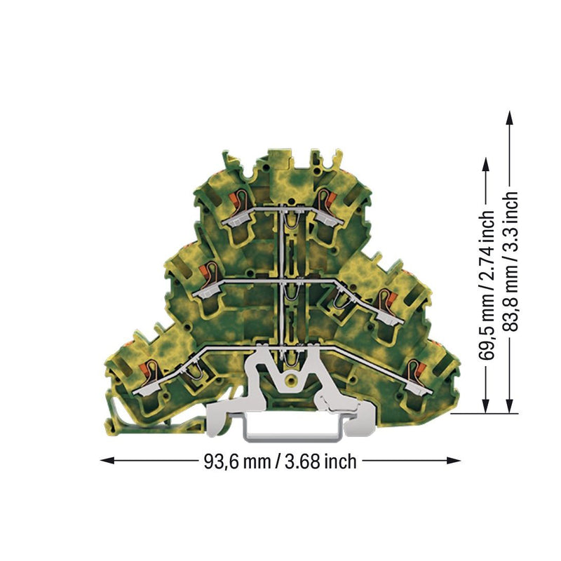 WAGO - Schutzleiter-Reihenklemme Dreistockklemme 2202-3207 2,5 qmm, grün-gelb − 50 Stück