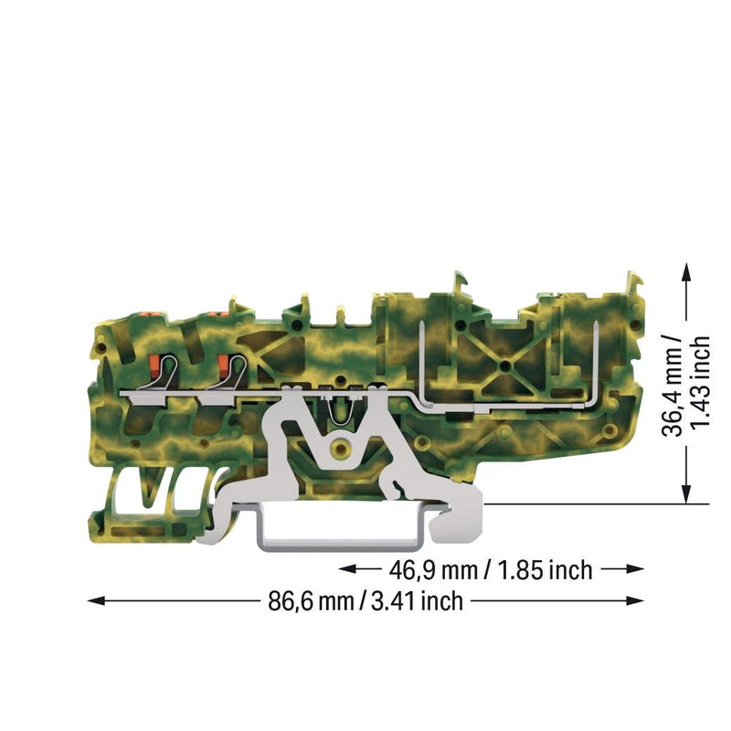 WAGO - Schutzleiter-Reihenklemme 2-Leiter/2-Pin-PE-Basiskl. 2222-1407 Drücker,2,5mm²,gnge − 50 Stück