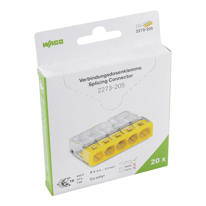 WAGO - Steckklemme Verbindungsklemme Stecken 2273-205/995-020 max.2,5qmm transpar. − 20 Stück