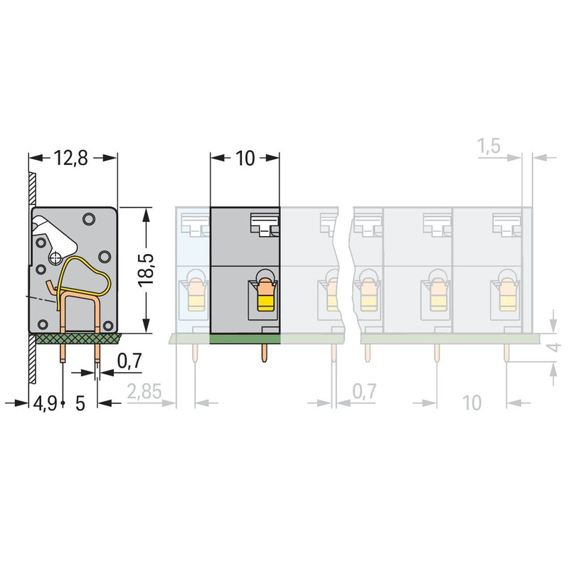 WAGO - Leiterplattenklemme Anreihbare Leiterplattenk. 741-903 Drücker,2,5mm²,gr − 100 Stück
