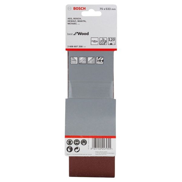 Bosch - Schleifpapier/Schleifvlies PRO X440 Schleifband, 75 x 2608607258 533 mm, 120, 3-tlg