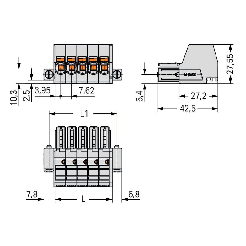 WAGO - Ein- und mehrpolige Klemmenleiste 1-Leiter-Federleiste 831-3105/107-000 CAGECLAMP,10mm²,lgr − 24 Stück