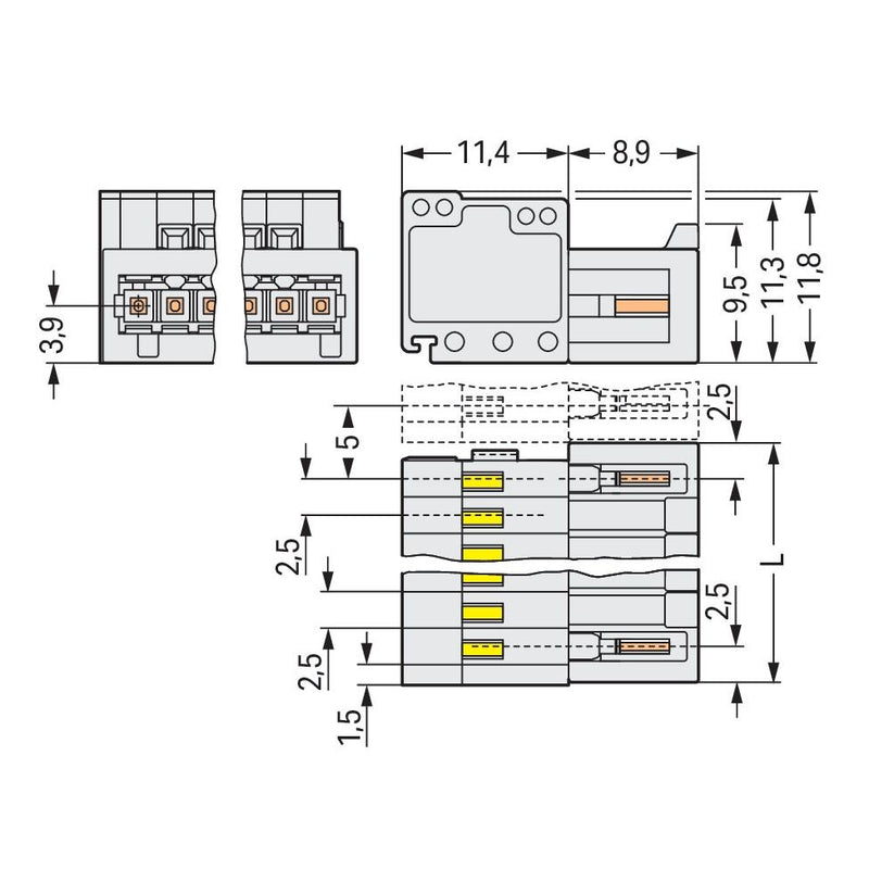 WAGO - Kabelsteckverbinder für Leiterplattensteckverbinder 1-Leiter-Stiftleiste 733-202/032-000 0,5mm²,lichtgrau − 100 Stück