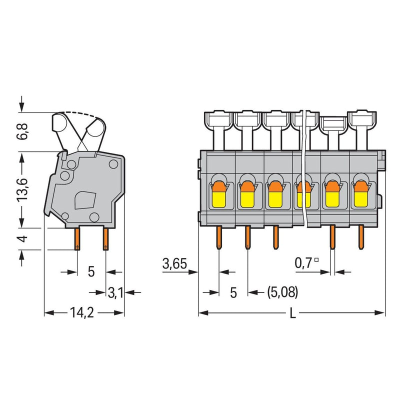 WAGO - Leiterplattenklemme 257-405 Drücker,2,5 mm²,grau − 45 Stück