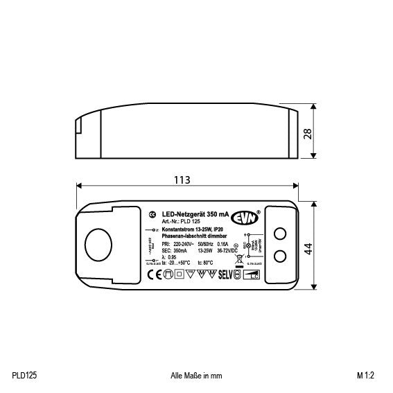 EVN Lichttechnik - LED-Betriebsgerät P-LED Netzgerät PLD125 IP20 350mA 13-25Wdim