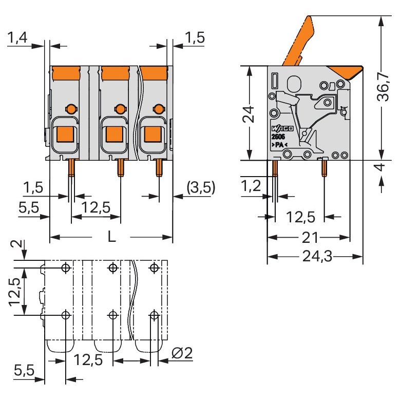 WAGO - Leiterplattenklemme Hebel 2606-1354 6mm²,grau − 44 Stück