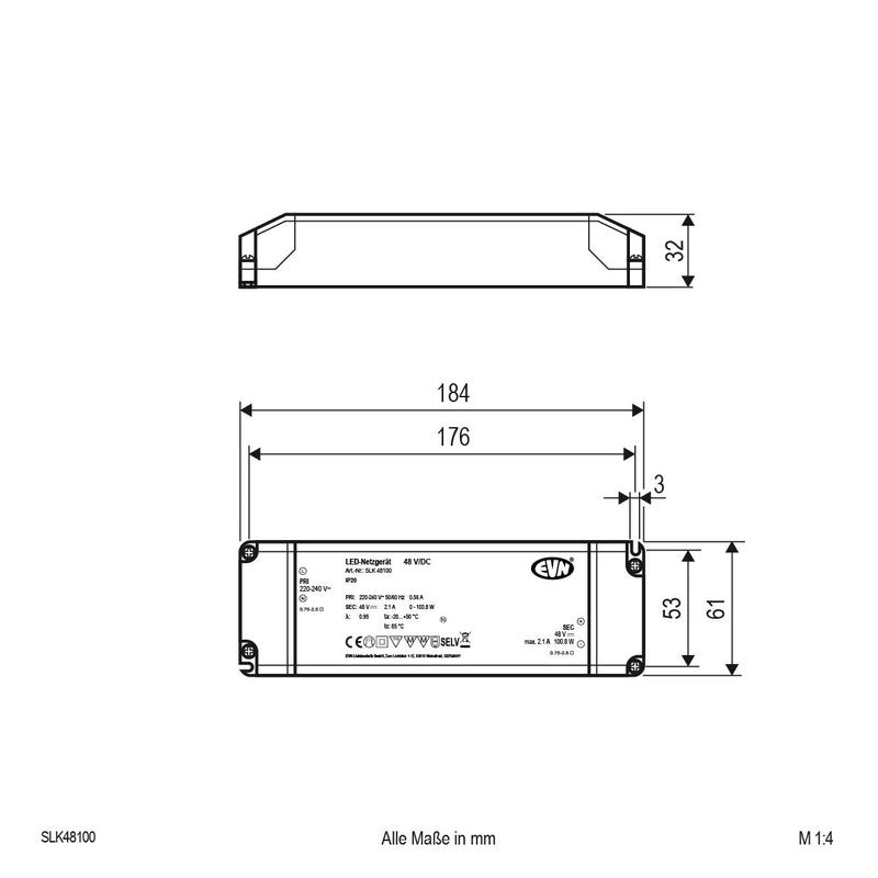 EVN Lichttechnik - LED-Betriebsgerät 48V/DC LED-Netzgerät SLK48100 48V/DC