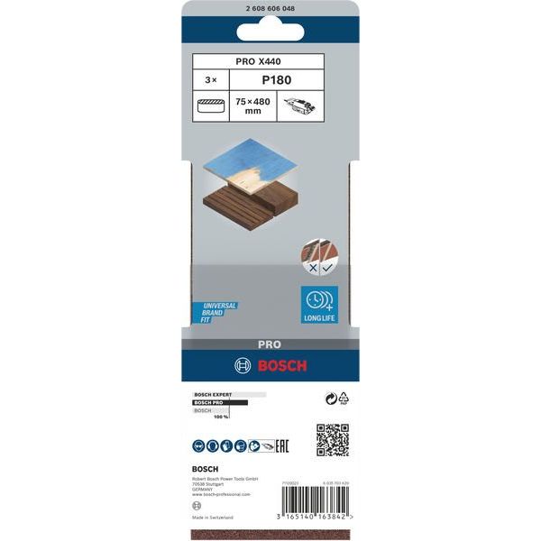 Bosch - Schleifpapier/Schleifvlies PRO X440 Schleifband, 75 x 2608606048 480 mm, G180, 3-tlg