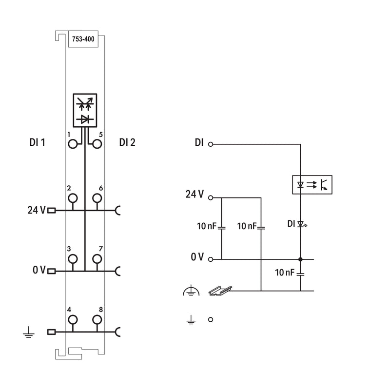 WAGO - Feldbus, Dez. Peripherie - Digitales Ein-/Ausgangs-Modul 2-Kanal-Digitaleingang 753-400 DC 24 V,3 ms,lgr